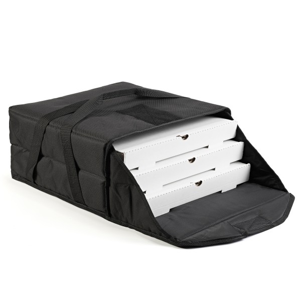 18" pizza delivery bag in black nylon with velcro closure and durable handle straps