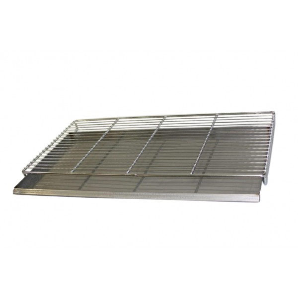 24" grate and catch pan has a grate with supports on each side and a catch pan that slides beneath, between the supports