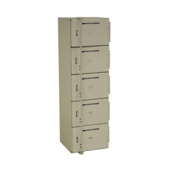 tan drop box locker with 5 doors. slot on each door and single bar to lock all.