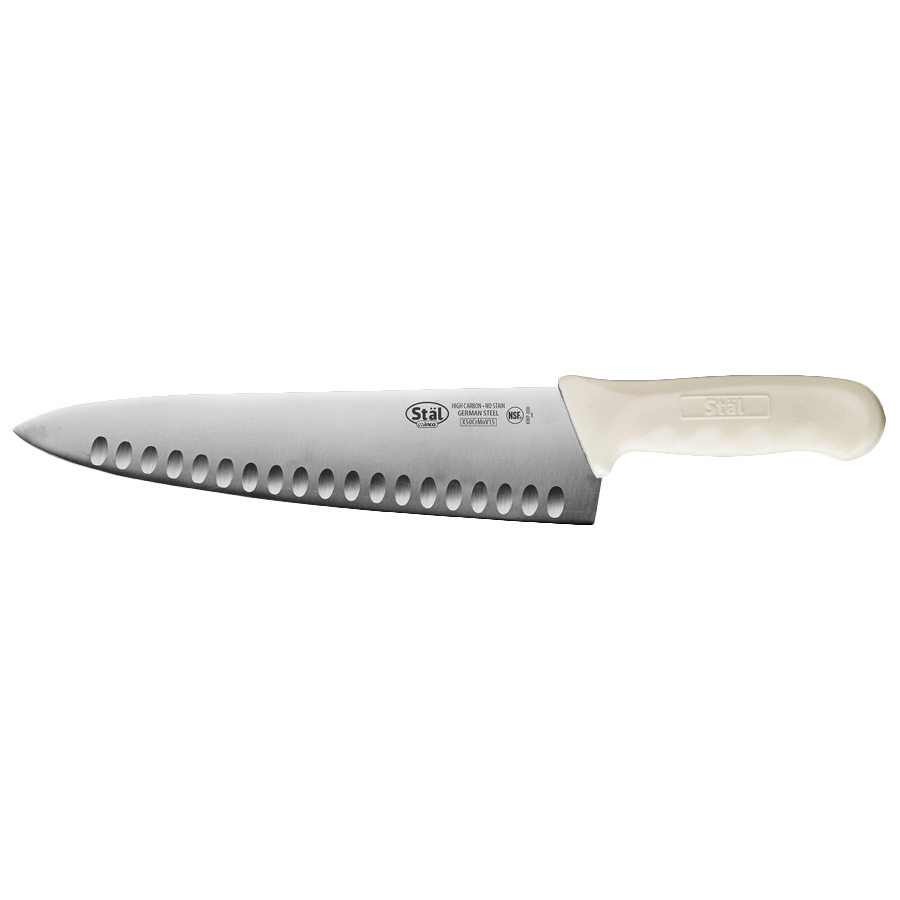 10" chef's knife with 10" hollow ground blade and a white polypropylene handle