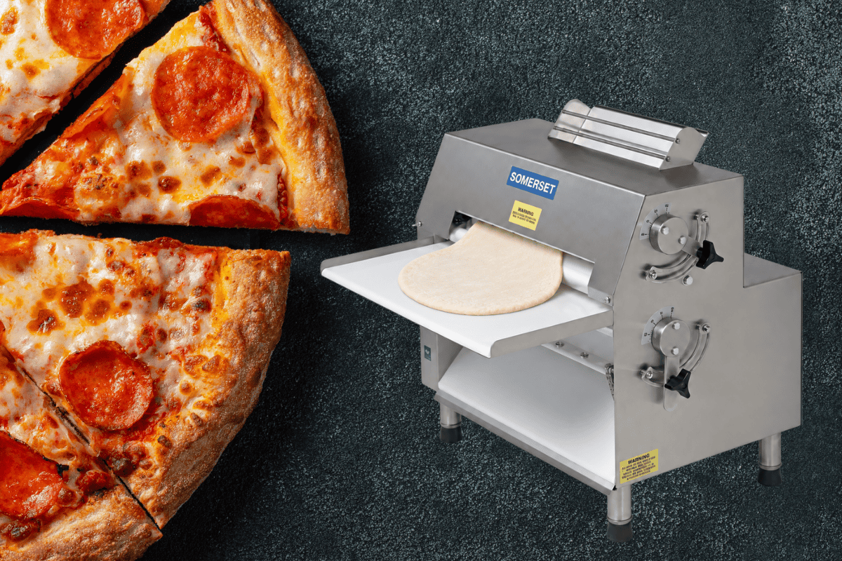 Commercial dough sheeter buyer guide Somerset dough sheeter with rolled dough beside pepperoni pizza slices