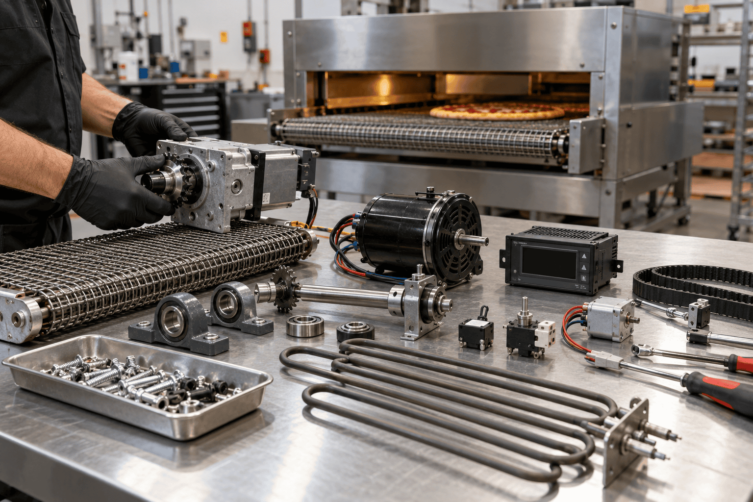 Best Middleby Marshall Parts Suppliers in the US Conveyor oven components laid out on a workbench with a pizza oven in the background