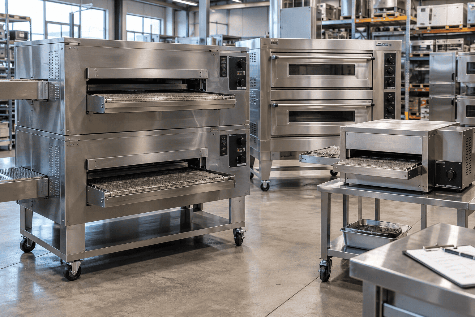 Commercial conveyor and deck pizza ovens arranged in an equipment warehouse